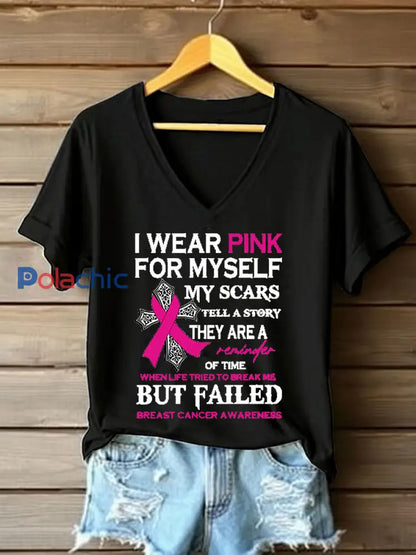 Sensibilisation au cancer du sein pour femmes T-shirt décontracté imprimé ruban rose noir / S