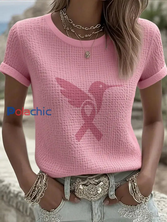 Sensibilisation au cancer du sein pour femmes T shirt gaufré à imprimé colibri rose Rose / S