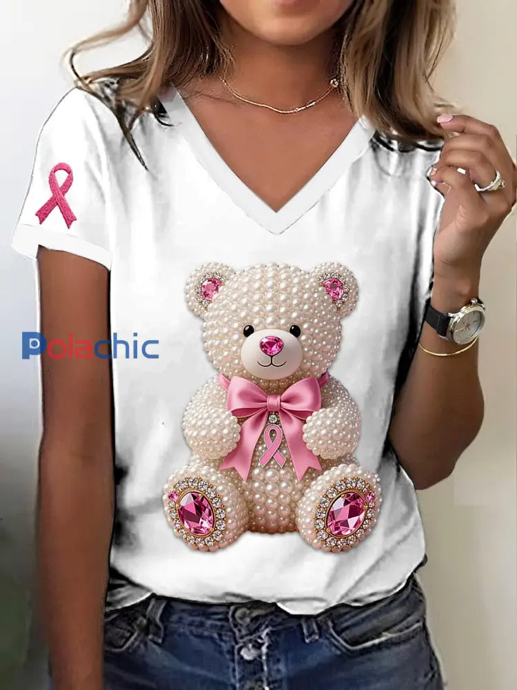 Sensibilisation au cancer du sein rétro T-shirt à manches courtes imprimé ours perle Blanc / S