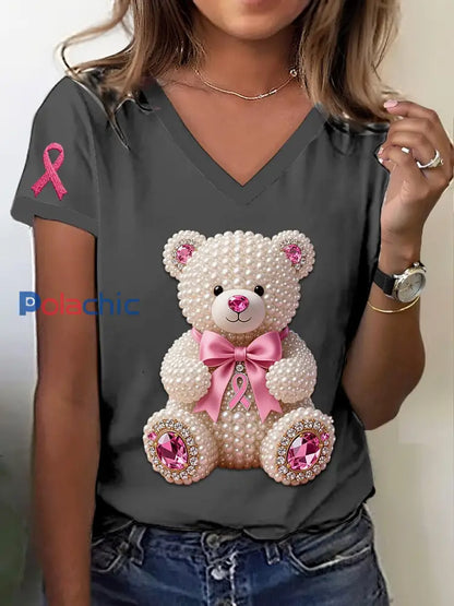 Sensibilisation au cancer du sein rétro T-shirt à manches courtes imprimé ours perle Gris / S