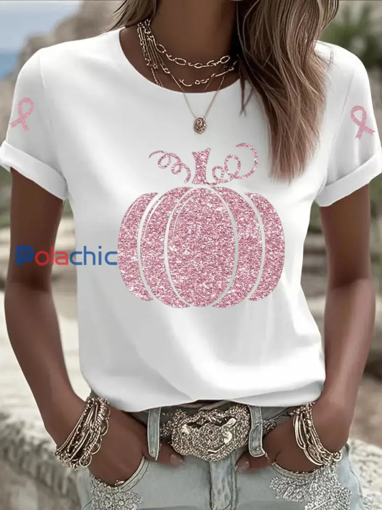 Sensibilisation au cancer du sein T-shirt décontracté à imprimé citrouille rose pour femmes Blanc / S