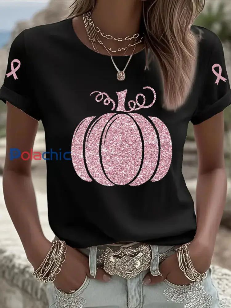 Sensibilisation au cancer du sein T-shirt décontracté à imprimé citrouille rose pour femmes Noir / S