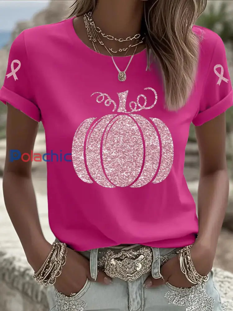 Sensibilisation au cancer du sein T-shirt décontracté à imprimé citrouille rose pour femmes Rose Rouge / S