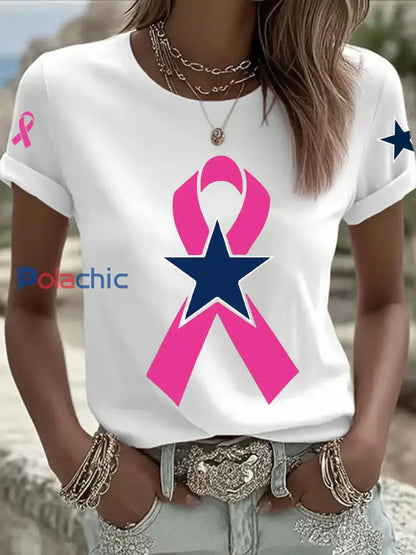 Sensibilisation au cancer du sein T-shirt décontracté imprimé pour femmes Blanc / S