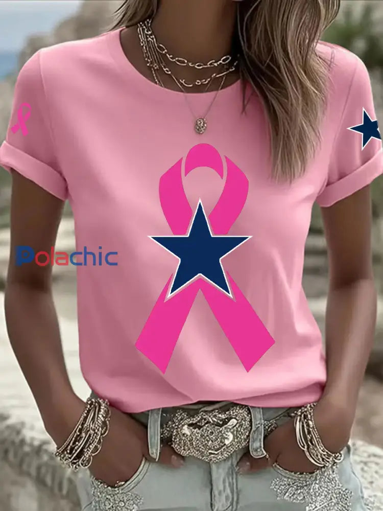 Sensibilisation au cancer du sein T-shirt décontracté imprimé pour femmes Rose / S