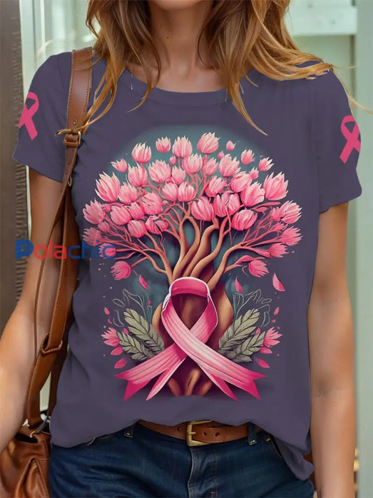Sensibilisation au cancer du sein Tree of Life T-shirt imprimé ruban rose pour femmes comme image / S