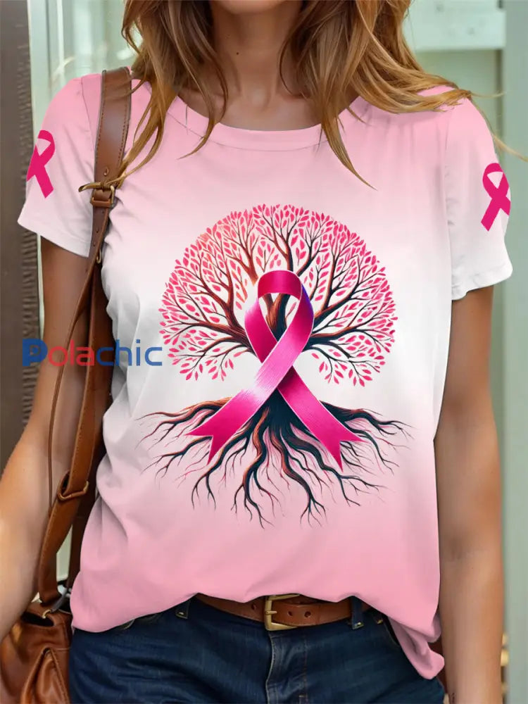 Sensibilisation au cancer du sein Tree of Life T-shirt imprimé ruban rose pour femmes Rose / S