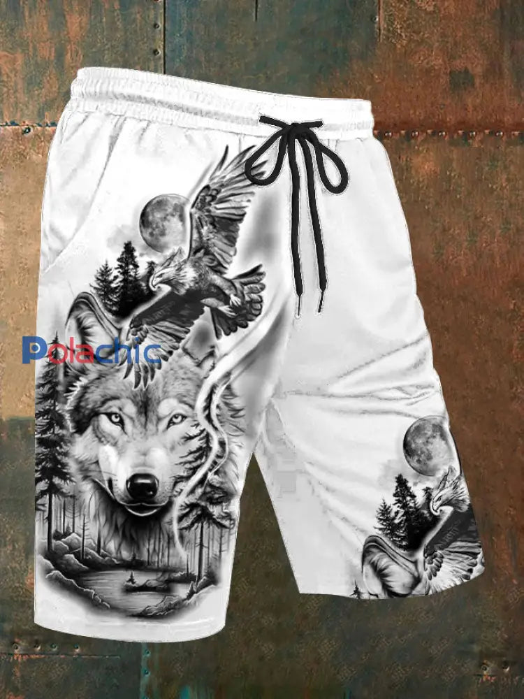 Short décontracté imprimé loup pour homme Blanc / S