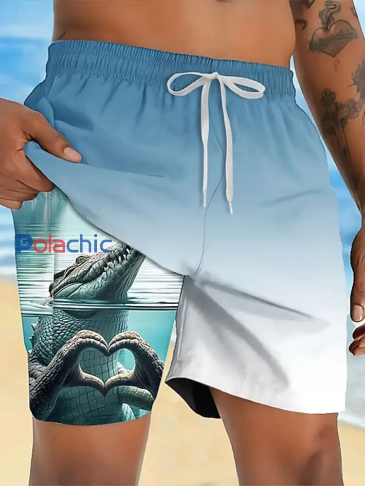 Shorts doublés animaux drôles de crocodile des hommes 2 dans 1 Shorts de conseil image 1 / S