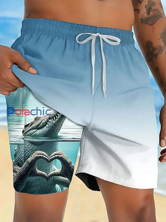 Shorts doublés animaux drôles de crocodile des hommes 2 dans 1 Shorts de conseil image 1 / S