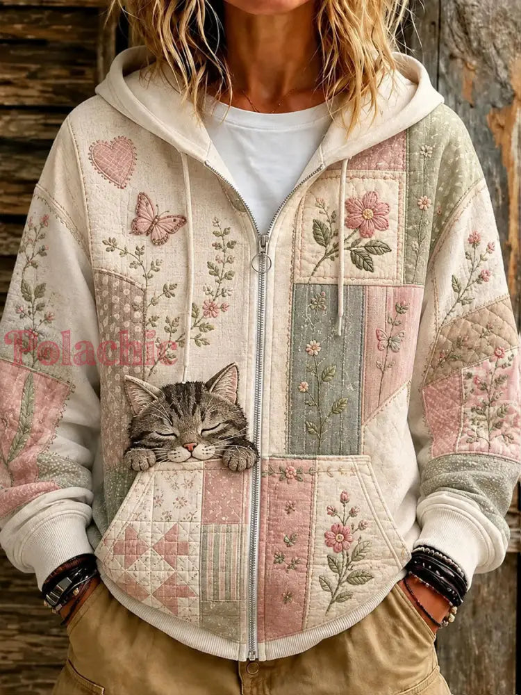 Słodka damska bluza z kapturem Patchwork Cat Print Casual - Jak na zdjęciu / S