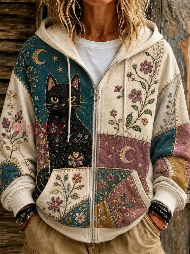 Słodka damska bluza z kapturem Patchwork Cat Print Casual - Jak na zdjęciu / S