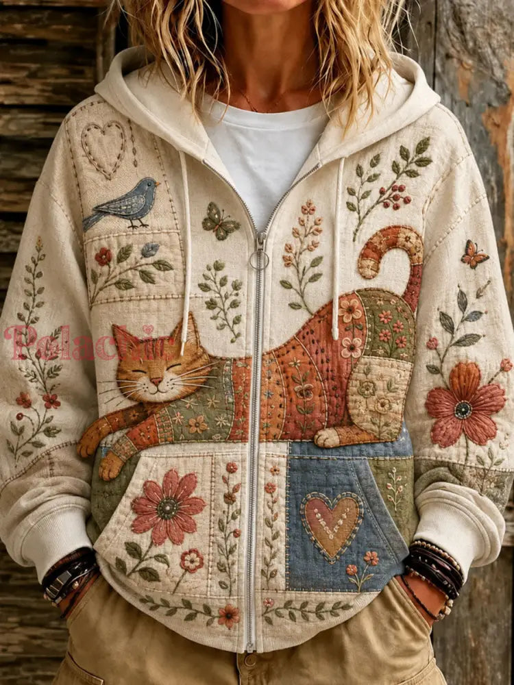 Słodka damska bluza z kapturem Patchwork Cat Print Casual - Jak na zdjęciu / S