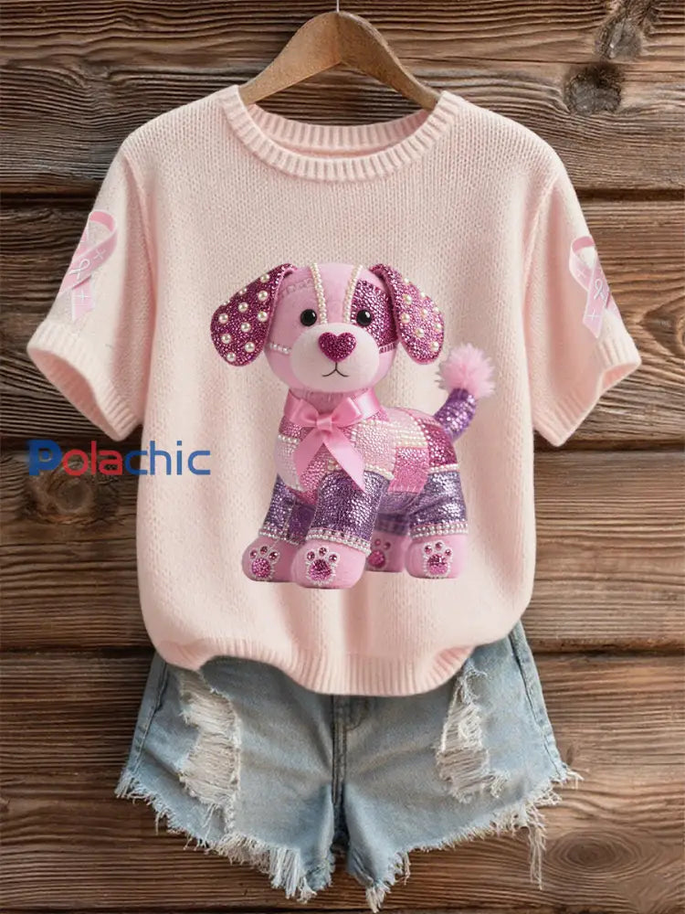 Soutien de la sensibilisation au cancer du sein pour femmes rose chien rose ruban imprimé à manches courtes haut rose