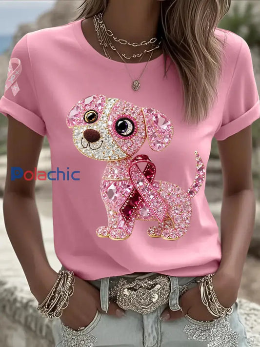 Soutien de la sensibilisation au cancer du sein pour femmes rose chien rose ruban imprimé à manches courtes haut Rose