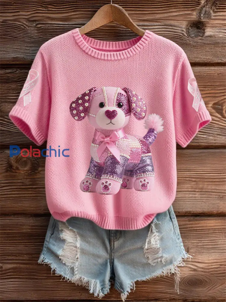 Soutien de la sensibilisation au cancer du sein pour femmes rose chien rose ruban imprimé à manches courtes haut rose