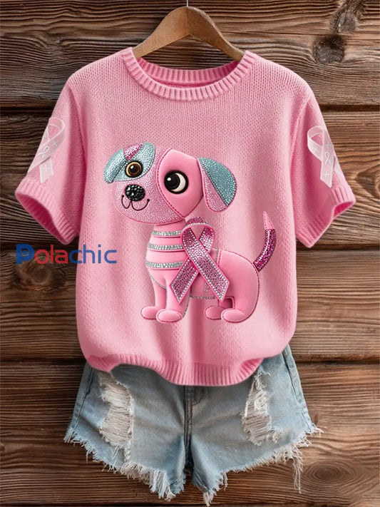 Soutien de la sensibilisation au cancer du sein pour femmes rose chien rose ruban imprimé à manches courtes haut Rose