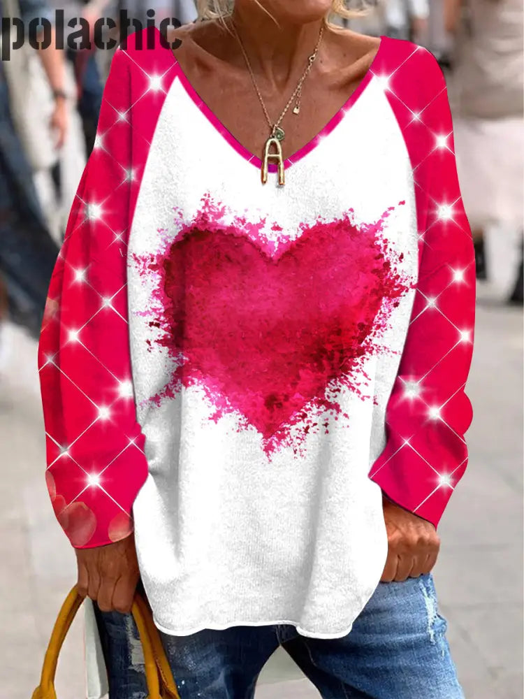 Splash Love Heart Print À La Mode Col En V Pull Décontracté Lâche Manches Longues A / S