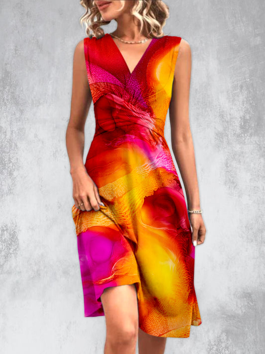 Abstrait Couleur Art Imprimé Col en V Sans Manches Design Plissé Mode Midi Robe