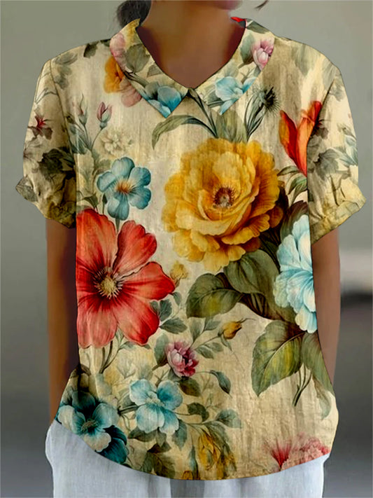 Retro Floral Imprimé Vintage Art Manches Courtes Col de Chemise Haut