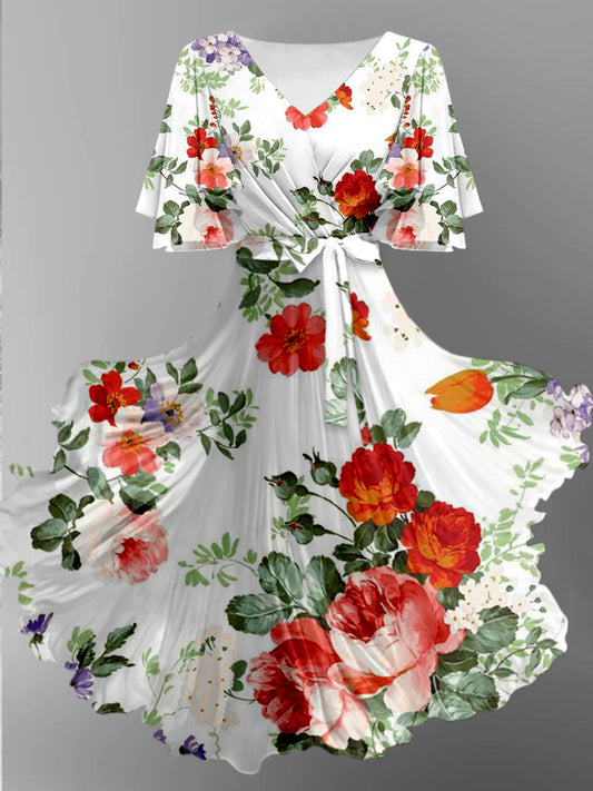 Rétro imprimé floral col en V Vintage sangle en mousseline de soie à manches courtes Midi Dress