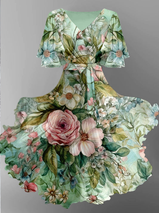 Rétro imprimé floral col en V Vintage sangle en mousseline de soie à manches courtes Midi Dress