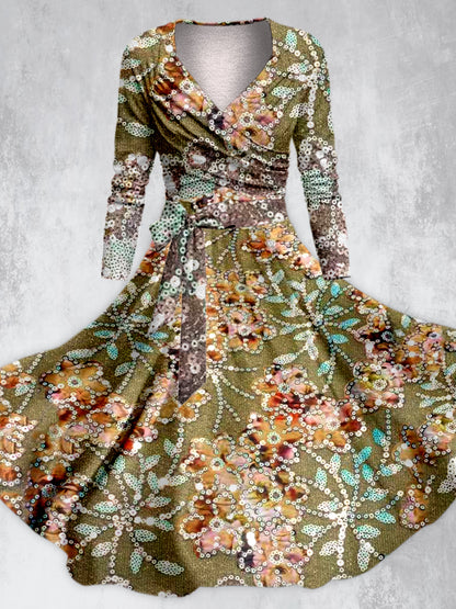 Rétro Floral Paisley imprimé Vintage Cross Fold manches longues deux pièces robe Midi