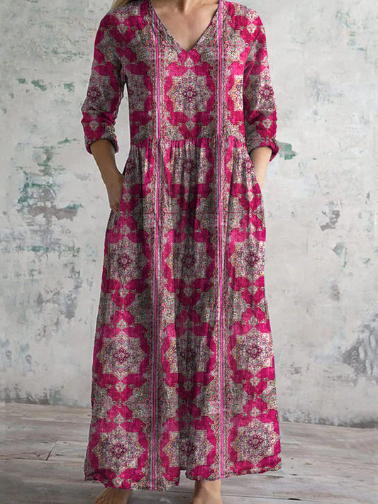 Rétro Boho Floral Art Imprimé col en V Vintage Casual manches longues Midi Dress