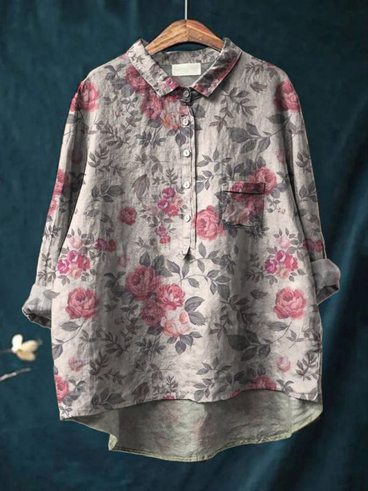 Women's Vintage Floral Art Print Casual Cotton Linen Round Neck Button Pocket Midi Sleeve Shirt Top