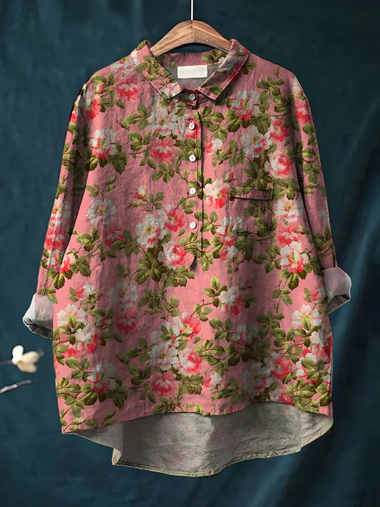 Women's Vintage Floral Art Print Casual Cotton Linen Round Neck Button Pocket Midi Sleeve Shirt Top