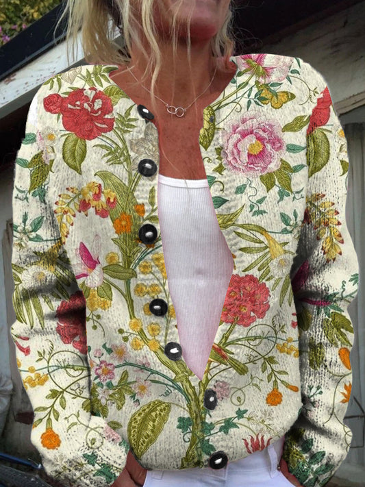 Vintage Bohème Floral Art Imprimer Bouton Cardigan