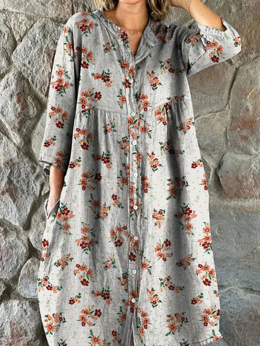 Rétro Floral Art Print Vintage Chic col en V boutonné à manches longues Midi Dress