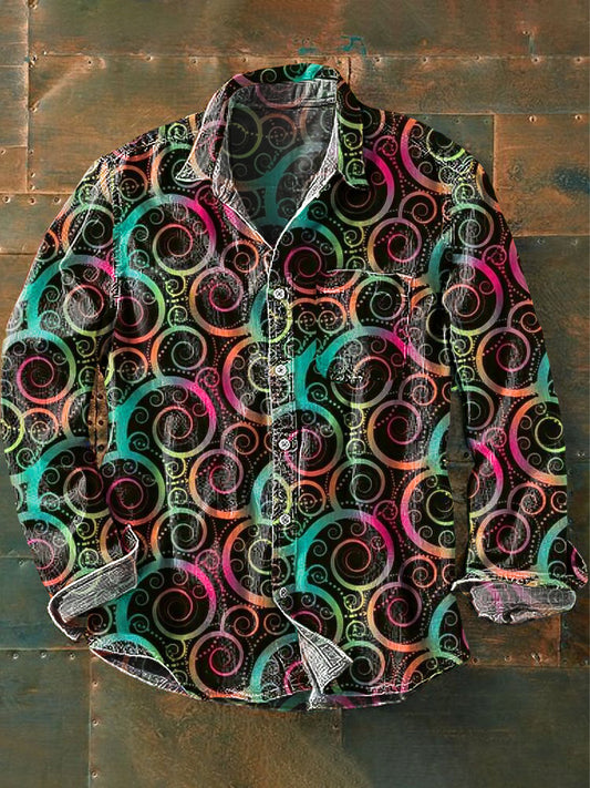 Chemise de poche à manches longues à revers Vintage Color Line Spiral Art Print pour hommes