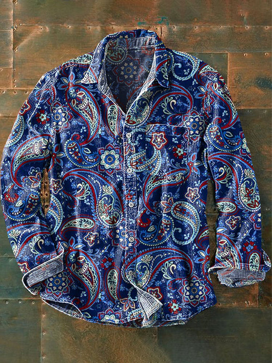 Chemise de poche à manches longues vintage Paisley Art Print revers coloré pour hommes