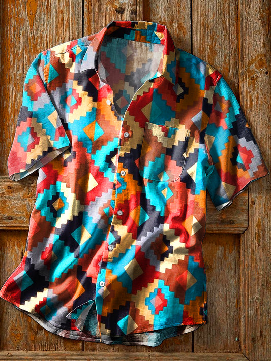 Chemise de poche à manches courtes à revers pour hommes Vintage Western Colorful Geometric Art Print