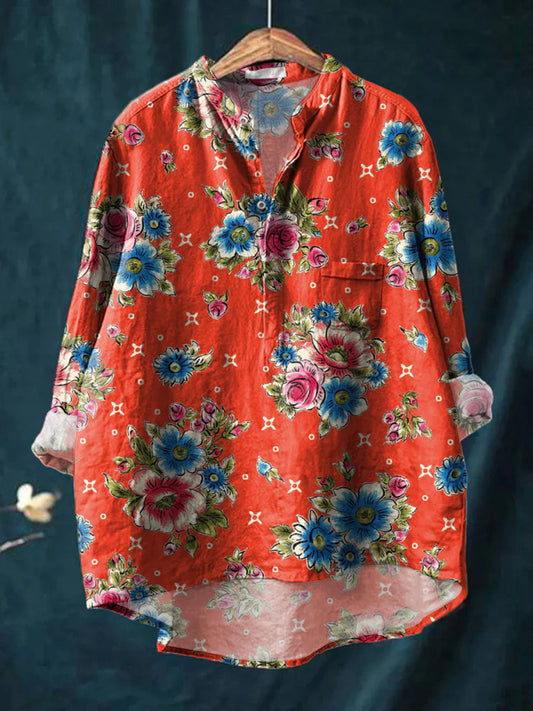 Chemise décontractée en coton confortable à manches longues et imprimé floral Boho rétro