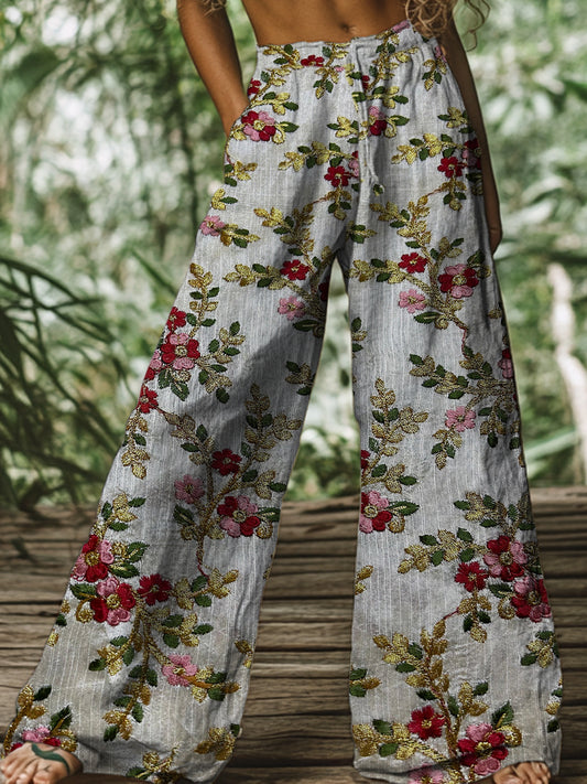 Pantalon large droit en coton décontracté imprimé floral rétro Boho