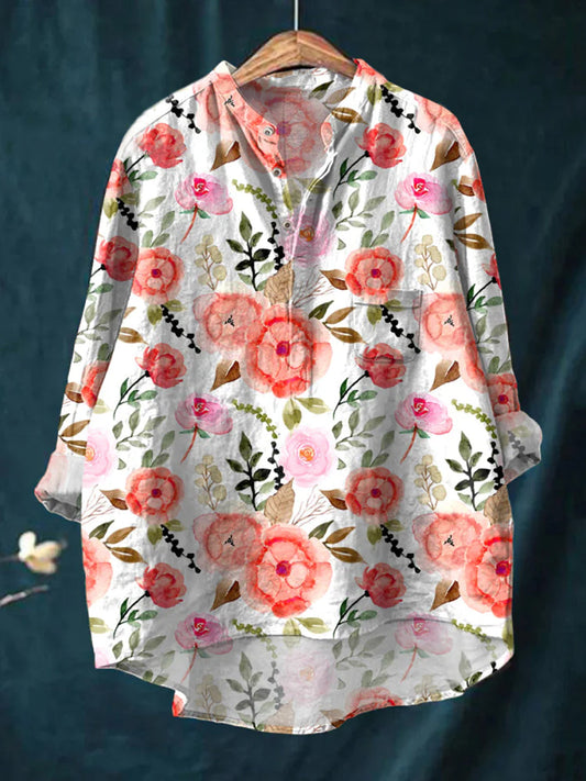 Chemise décontractée en coton confortable à manches longues et imprimé floral Boho rétro