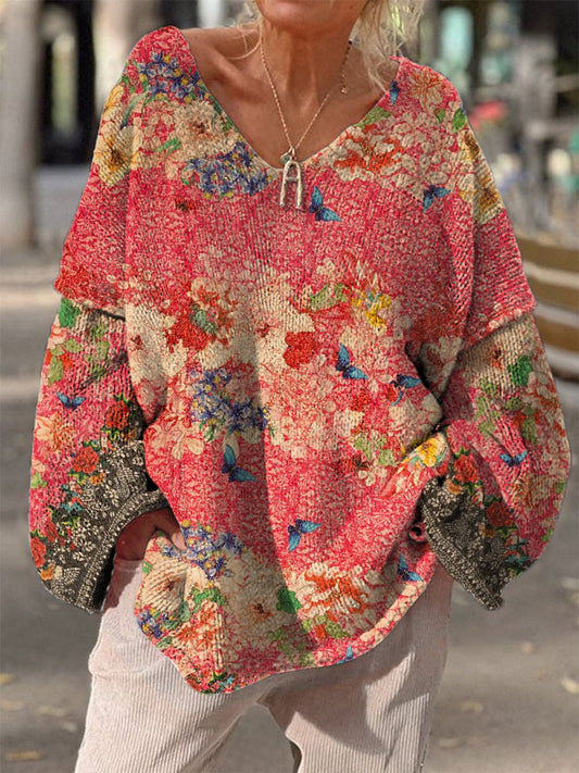 Rétro Floral Art Print Vintage Loose Chic V-cou à manches longues en tricot épais Pull