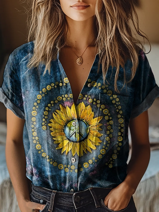 Vintage Hippie Art Print V-Neck décontracté coton et lin chemise Top femmes