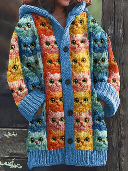 Rétro mignon chat imprimé boutonné à manches longues épais Cardigan à capuche Pull en tricot