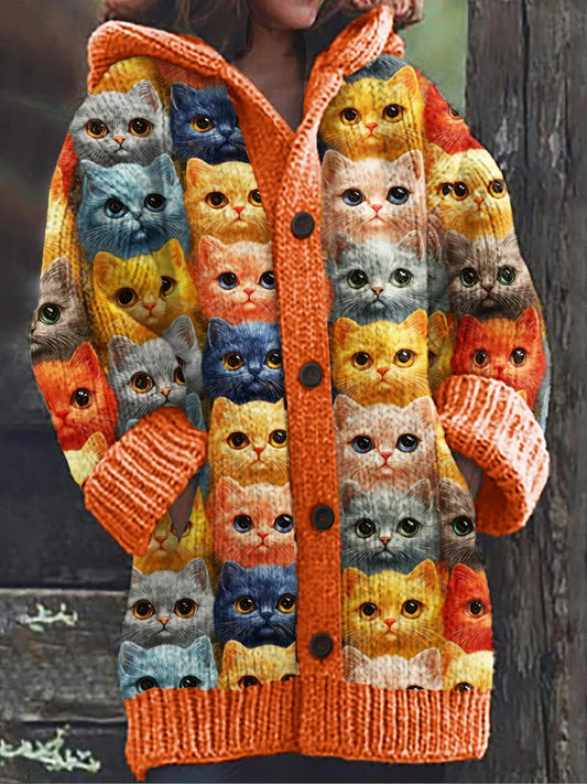 Rétro mignon chat imprimé boutonné à manches longues épais Cardigan à capuche Pull en tricot