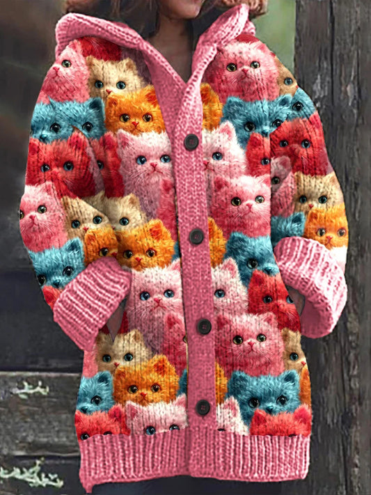 Rétro mignon chat imprimé boutonné à manches longues épais Cardigan à capuche Pull en tricot