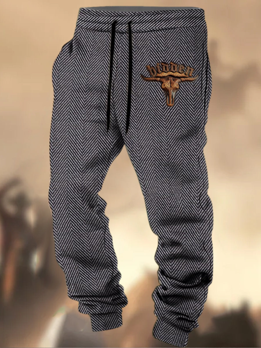 Pantalon de survêtement décontracté à rayures Logo de chasse Western Village à motif de texture rétro