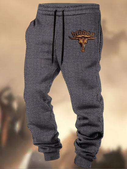 Pantalon de survêtement décontracté à rayures Logo de chasse Western Village à motif de texture rétro