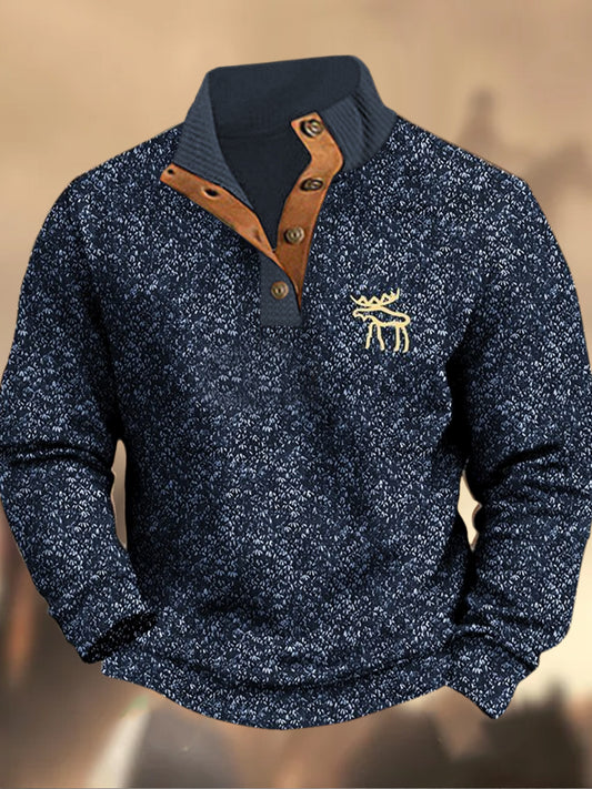 Cowboy Texture Motif Imprimé Village Occidental Chasse Logo Bouton V-cou En Plein Air Épais Sweatshirt