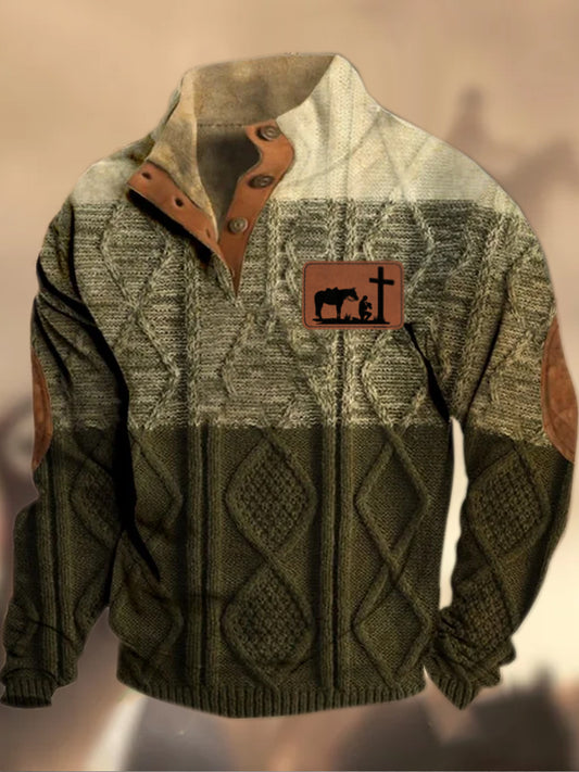 Cowboy Texture Motif Imprimé Village Occidental Chasse Logo Bouton V-cou En Plein Air Épais Sweatshirt