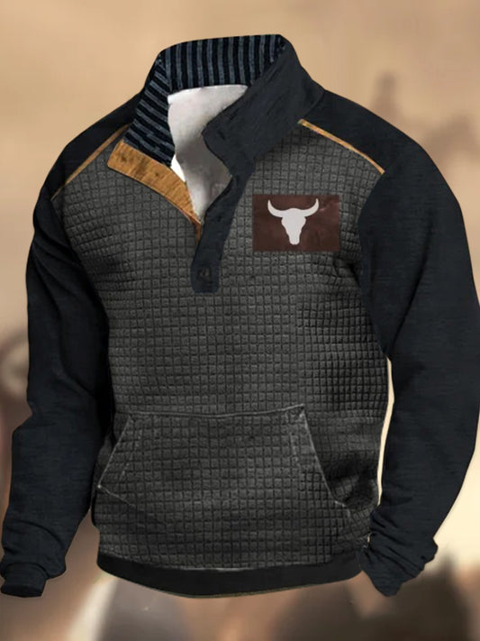 Cowboy Texture Motif Imprimé Village Occidental Chasse Logo Bouton V-cou En Plein Air Épais Sweatshirt