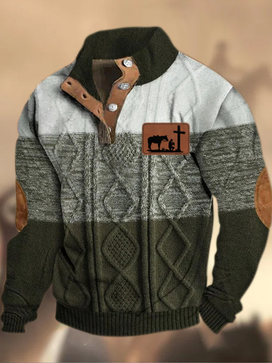 Cowboy Texture Motif Imprimé Village Occidental Chasse Logo Bouton V-cou En Plein Air Épais Sweatshirt