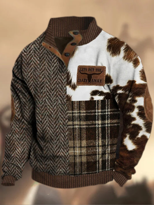 Cowboy Texture Motif Imprimé Village Occidental Chasse Logo Bouton V-cou En Plein Air Épais Sweatshirt